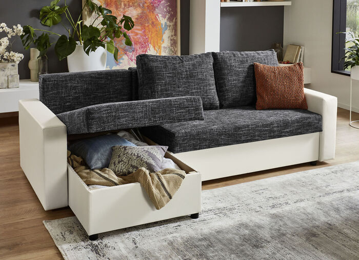 Frei im Raum aufstellbare Polsterecke mit Hocker WEISS-GRAU