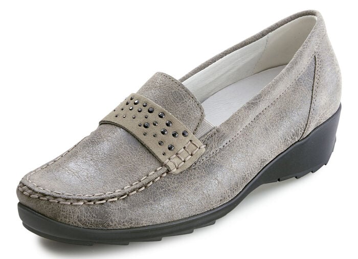 Waldläufer Mokassin-Slipper mit glamorösen Glitzersteinchen TAUPE