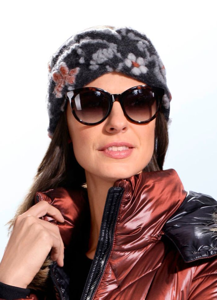 Flauschiges Stirnband mit Bl&uuml;tenranken GRAU-ORANGE