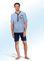 Zweierpack Shortys mit langer Knopfleiste, garngef&auml;rbtem Ringeldessin und Druckmotiv 