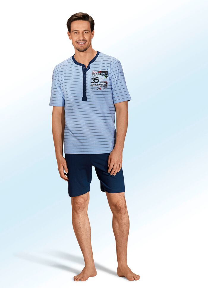 Zweierpack Shortys mit langer Knopfleiste, garngef&auml;rbtem Ringeldessin und Druckmotiv 