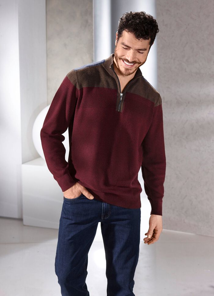 Stehkragenpullover mit Strukturmix WEINROT-BRAUN MELIERT