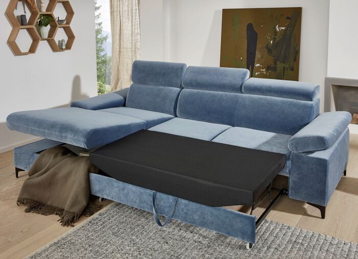 Polsterecke mit Bettfunktion, verstellbaren Kopfst&uuml;tzen und Armlehnen BLAU