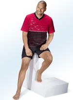 Zweierpack Shortys mit V-Ausschnitt und Ringeldruck vorne 1X ROT-SCHWARZ, 1X LINDGR&Uuml;N-GRAU