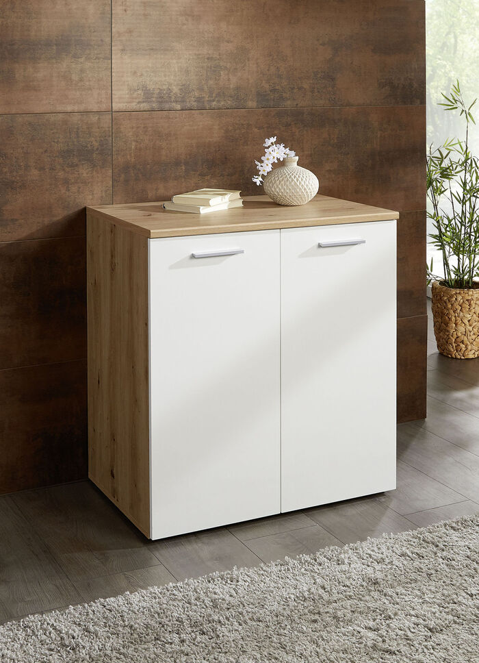 Kombifreundliche Kommodenserie mit metallfarbenen Kunststoffgriffen WEISS-ARTISAN EICHE