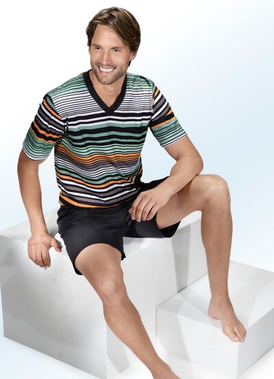 Shorty mit V-Ausschnitt, Brusttasche und Ringeldessin 