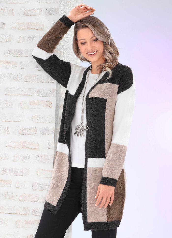 Long-Strickjacke in flauschig weicher Qualität ANTHRAZIT-ECRU-BRAUN