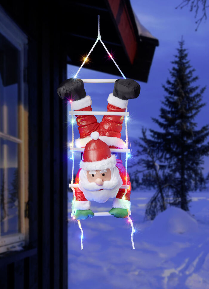 Weihnachtsmann, kopfüber auf LED-Leiter 