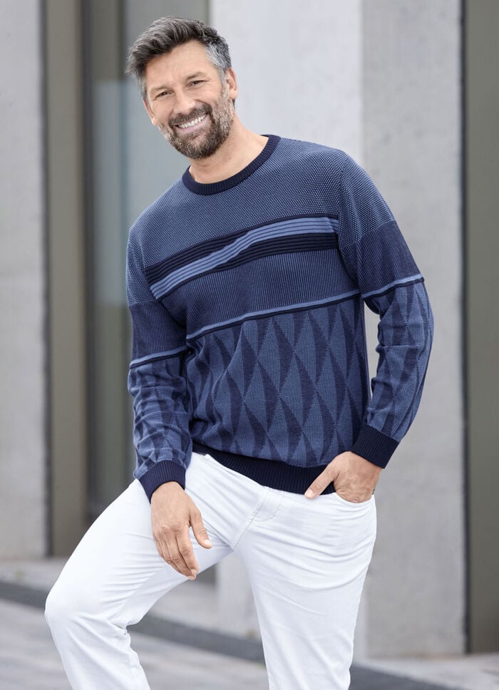 Gemusterter Rundhalspullover in 2 Farben MARINE-BLAU
