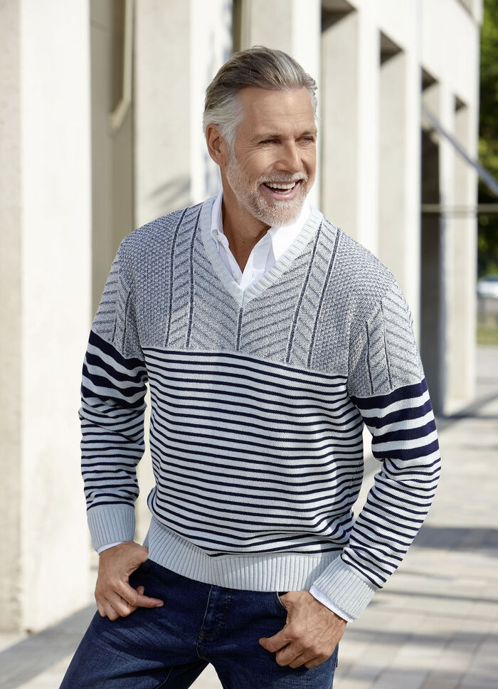 V-Pullover mit Streifen- und Strukturdessin MARINE-GRAU