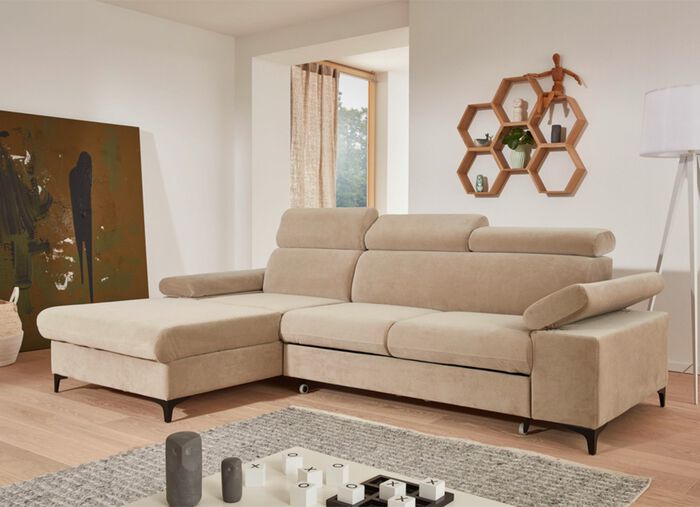 Polsterecke mit Bettfunktion und Bettkasten in der Ottomane BEIGE