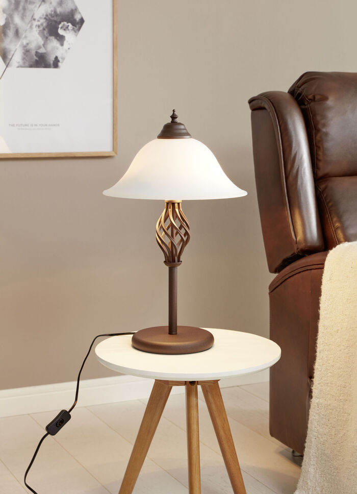 Tischleuchte aus Metall mit Glasschirm 