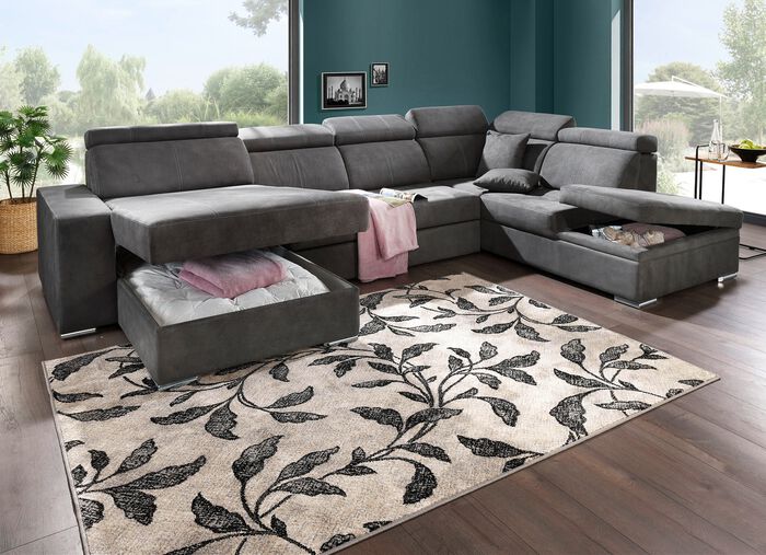 Polsterm&ouml;bel mit Schlaffunktion und Bettkasten GRAU