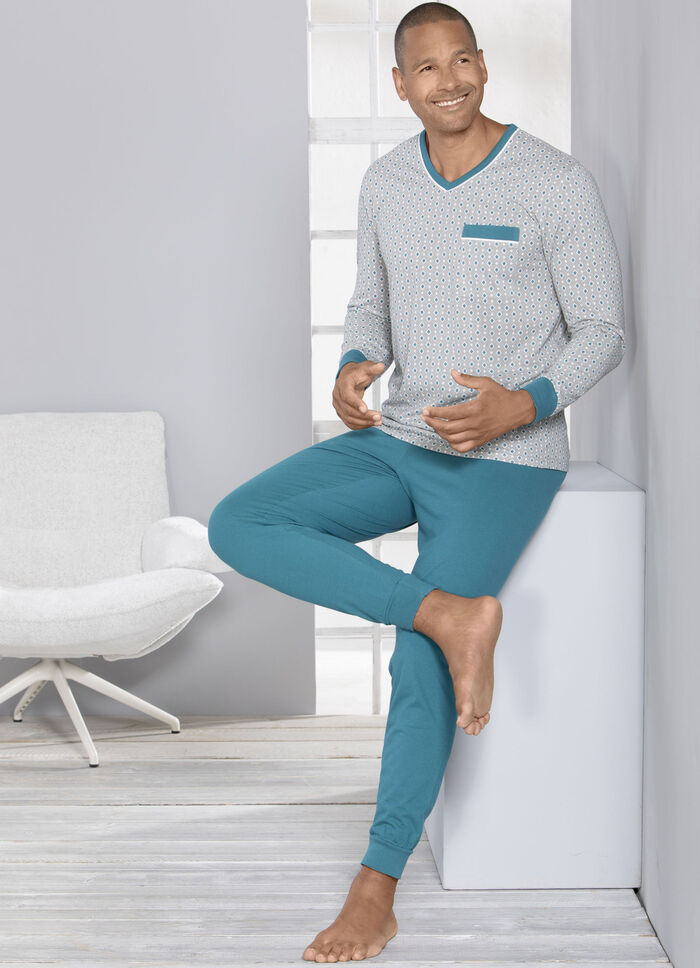 Schlafanzug mit V-Ausschnitt und B&uuml;ndchenabschl&uuml;ssen 