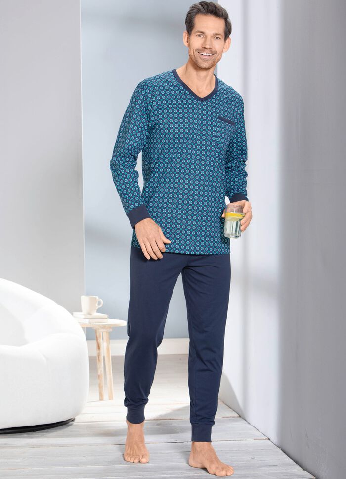 Schlafanzug mit V-Ausschnitt und B&uuml;ndchenabschl&uuml;ssen  