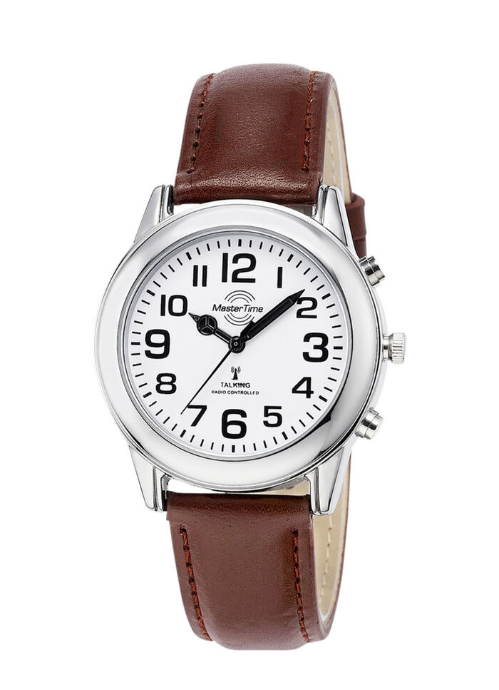 Funk-Herrenuhr mit Lederband und sprechender Zeitansage 