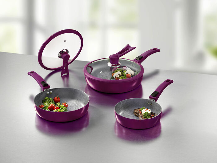 Profi-Pfannen-Set, 7-teilig, mit innovativen Standdeckeln BEERE