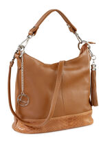 Laurina Kalbleder-Tasche mit reptilgepr&auml;gtem Besatz COGNAC