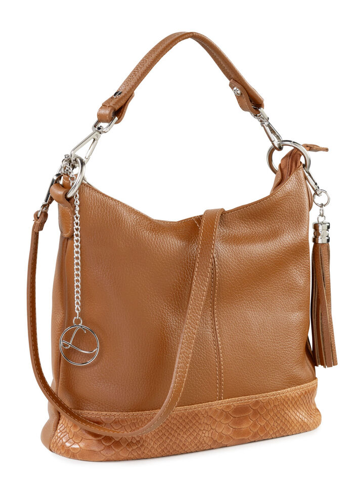 Laurina Kalbleder-Tasche mit reptilgepr&auml;gtem Besatz COGNAC