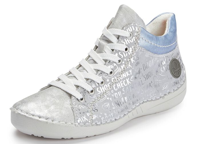Rieker Schn&uuml;r-Bootie aus originell bedrucktem Synthetikmaterial SILBERGRAU-BLEU