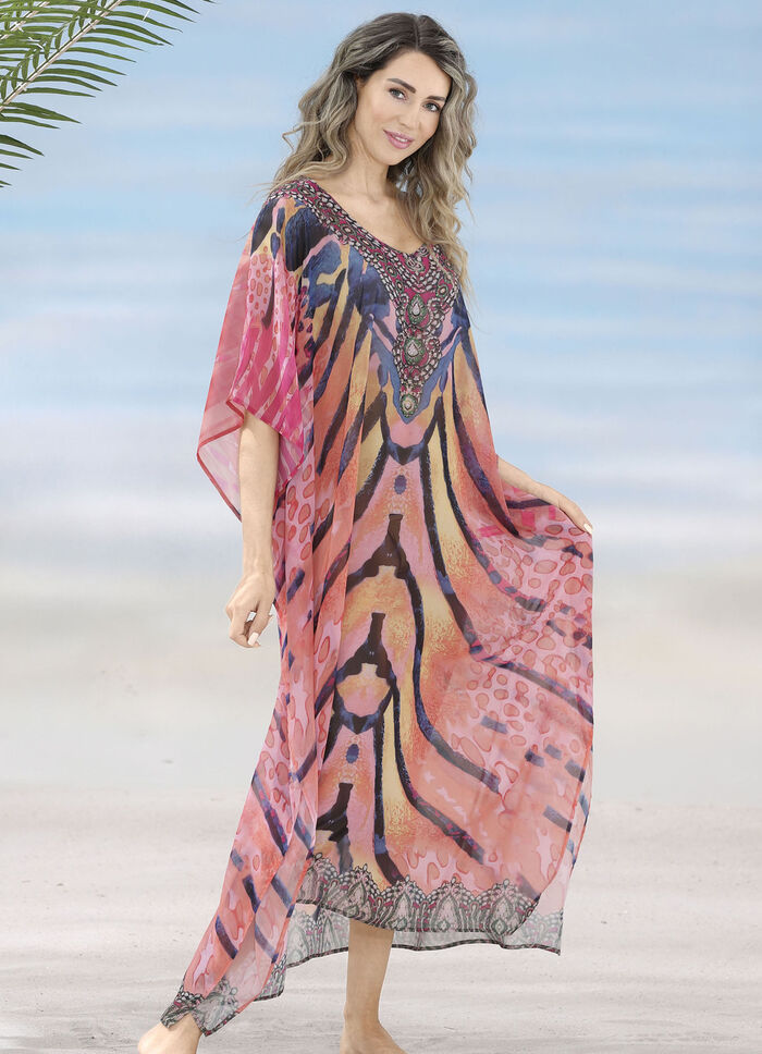 Laurina Kaftan mit Schmucksteinchen, leicht transparent 