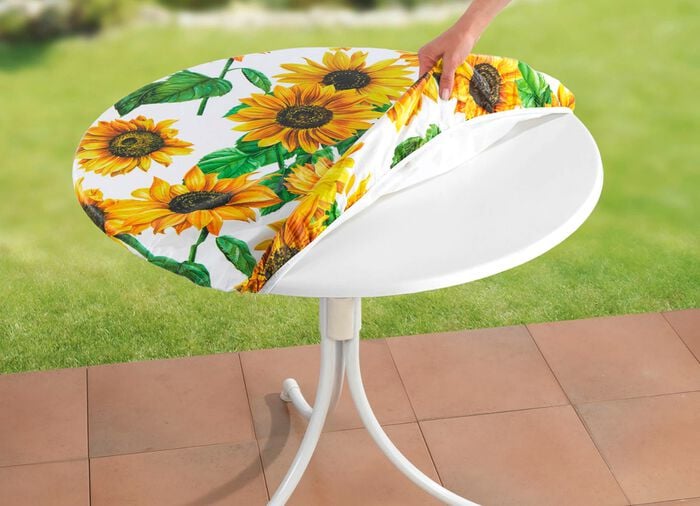 Spann-Tischdecke mit Sonnenblumen-Dessin 