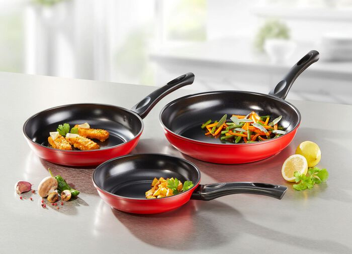 Energiespar-Pfannen-Set mit megaharter Diamant-Keramik-Antihaftbeschichtung ROT