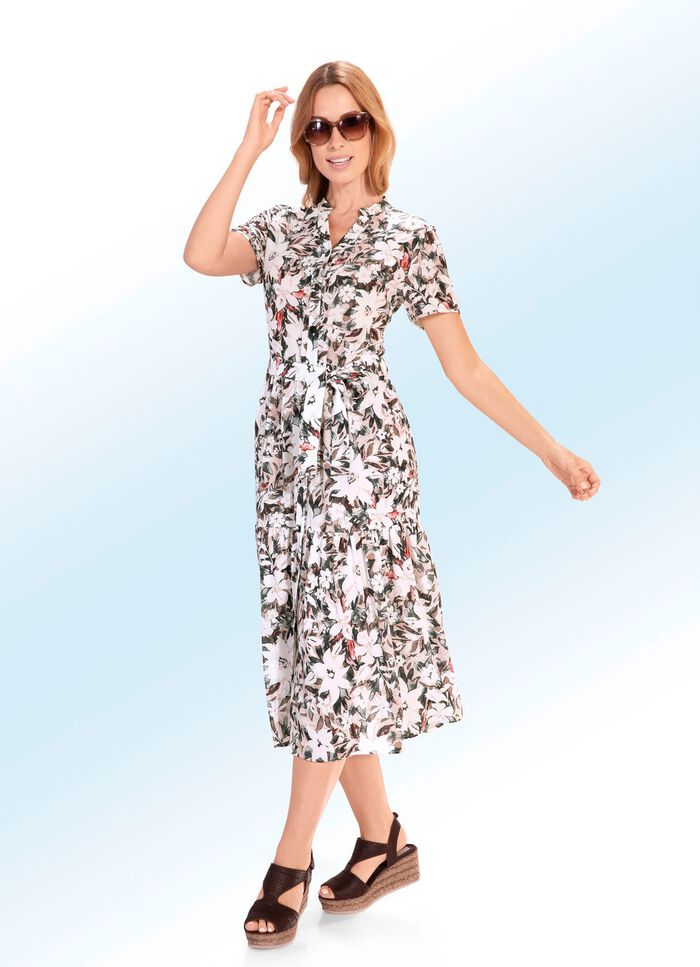 Kleid mit Bindeg&uuml;rtel und Schmuckknopfleiste 