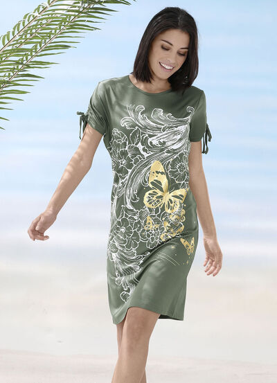Kleid mit platziertem Druckdessin und raffbaren, kurzen Ärmeln 