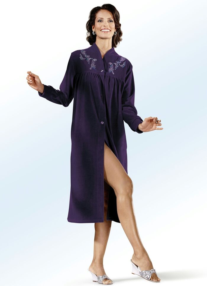 Hausmantel mit Stickerei- und Paillettenzier PFLAUME