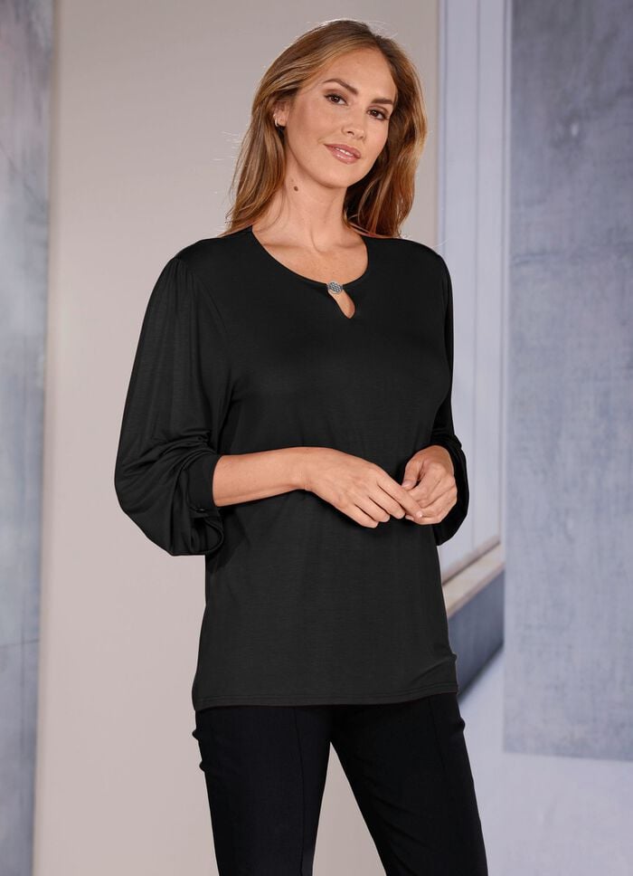 Exzellentes Shirt mit Schlitz und Zierschmuck in 2 Farben SCHWARZ