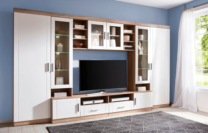 Wohnwand mit LED-Glasbodenbeleuchtung WEISS EICHE SONOMA