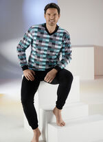 Schlafanzug mit Karodessin, V-Ausschnitt und Brusttasche 