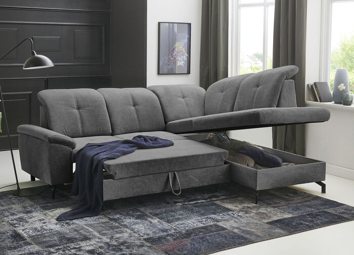 Moderne Polsterecke mit Bettfunktion und Bettkasten ANTHRAZIT