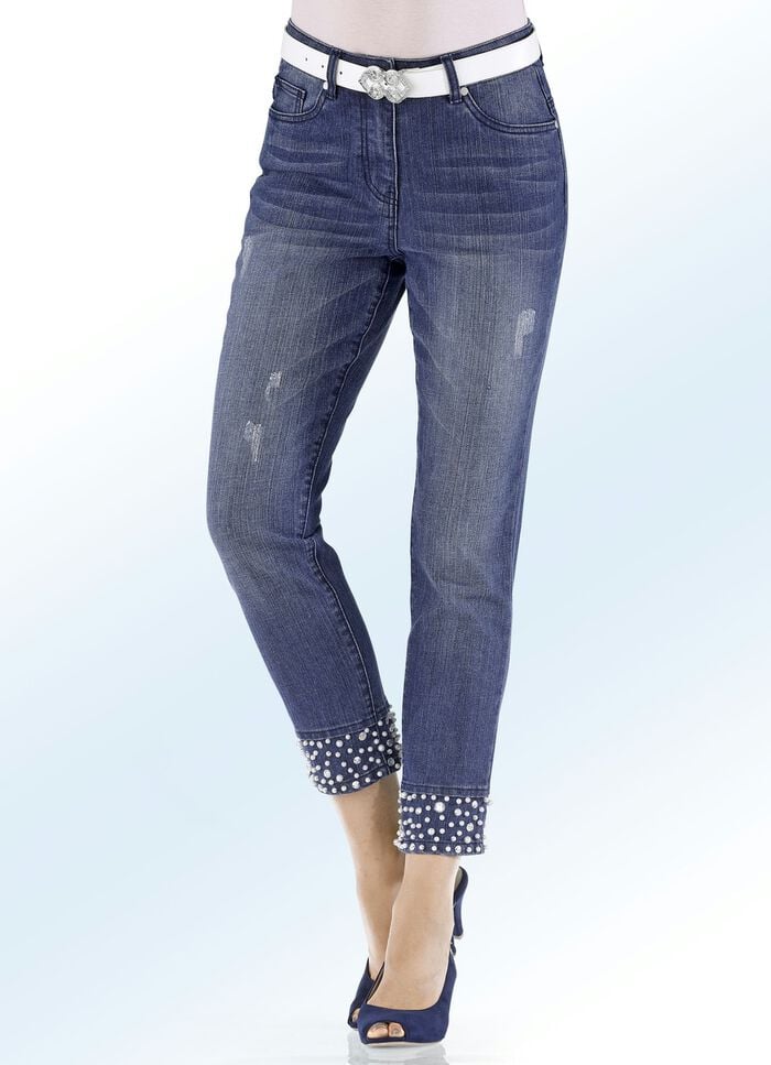 7/8 -Jeans mit Perlen- und Strasssteinbesatz JEANSBLAU