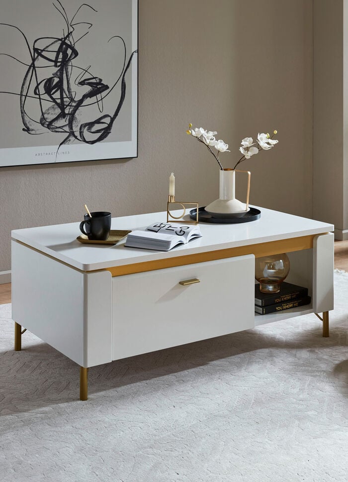 Couchtisch mit Schublade WEISS-GOLD