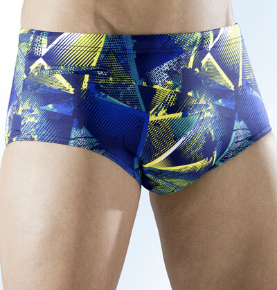 Badehose in höherer Slipform mit buntem Druckdessin 