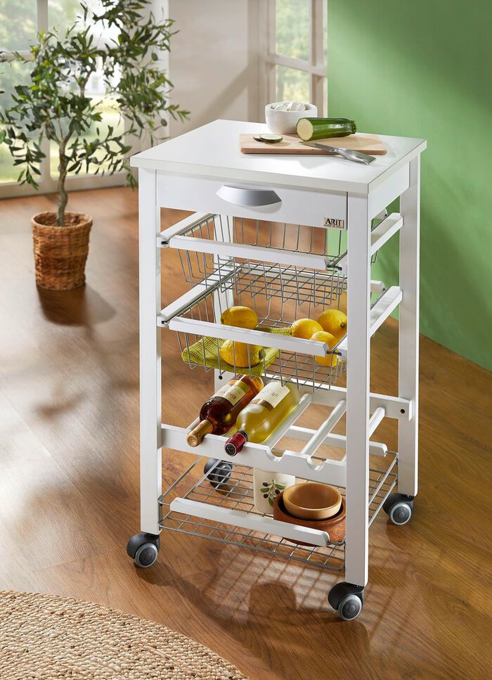 K&uuml;chenwagen aus massivem Buchenholz WEISS