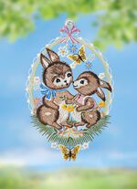 Fensterbild mit Hasenpaar aus Plauener Spitze 