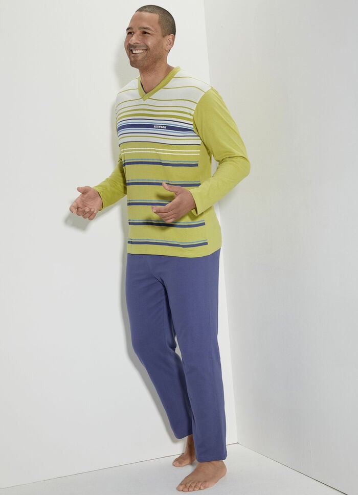 Schlafanzug mit V-Ausschnitt und Ringeldessin vorne 