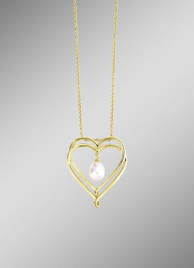 Herz-Anhänger mit Süßwasser-Zuchtperle und Ankerkette 