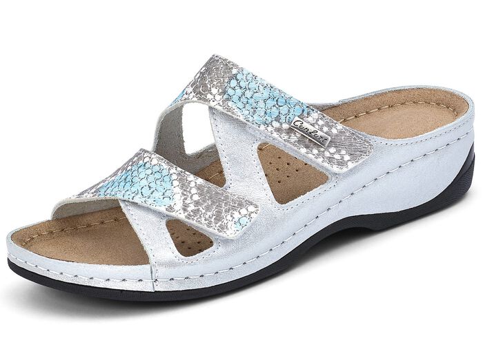 ELENA EDEN, bequeme Damen-Pantoletten, Weite G, mit Klettverschluss SILBER-T&Uuml;RKIS