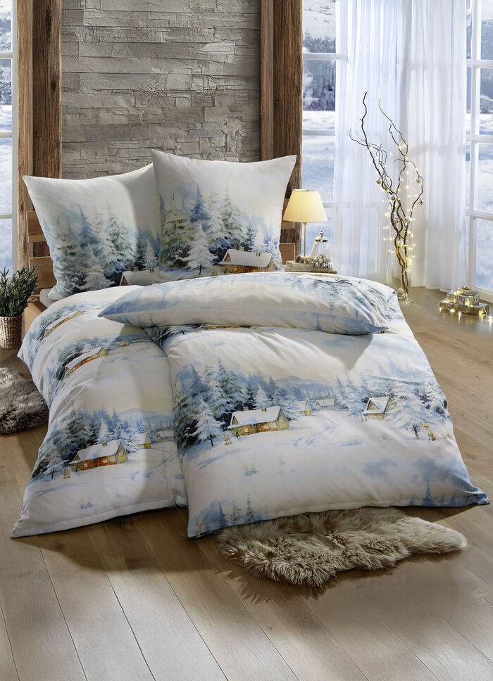 Beidseitig bedruckte Bettwäsche-Garnitur mit Winterlandschaft 