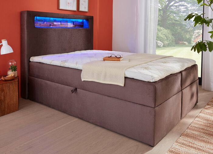 Boxspringbett mit mehrfarbig einstellbarer LED-Beleuchtung BRAUN