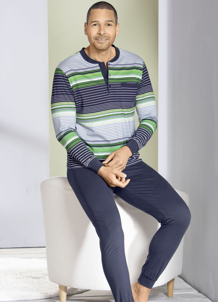 Schlafanzug mit Knopfleiste, aufgesetzter Brusttasche und Bündchen 