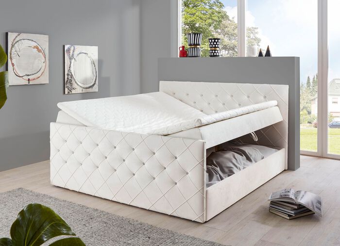 Boxspringbett mit Strasssteinen und Topper CREME