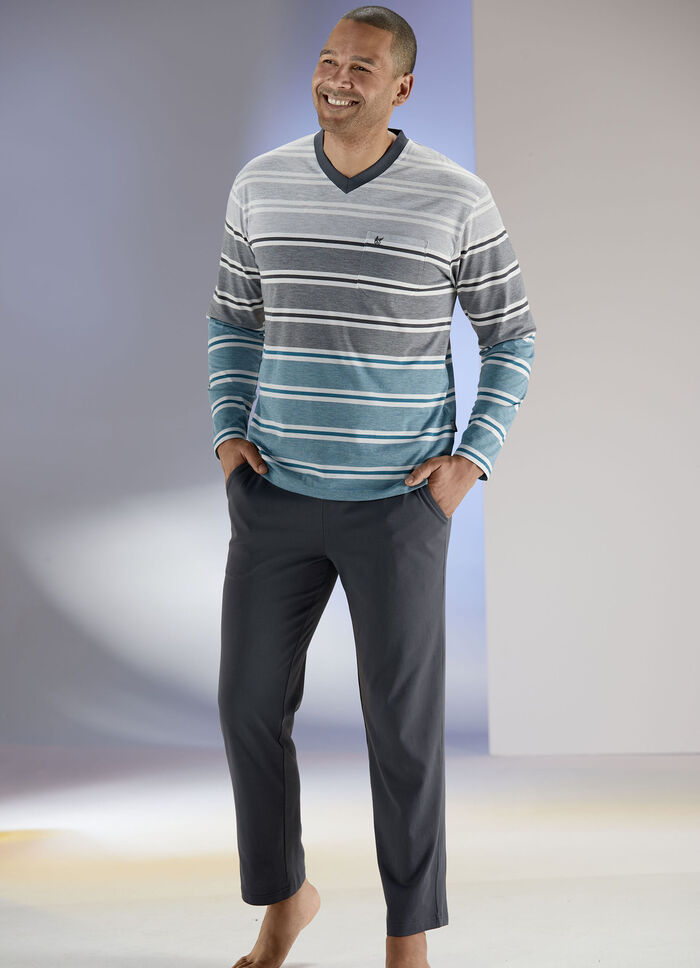 Hajo Klima Komfort Schlafanzug mit V-Ausschnitt und garngef&auml;rbtem Ringel 