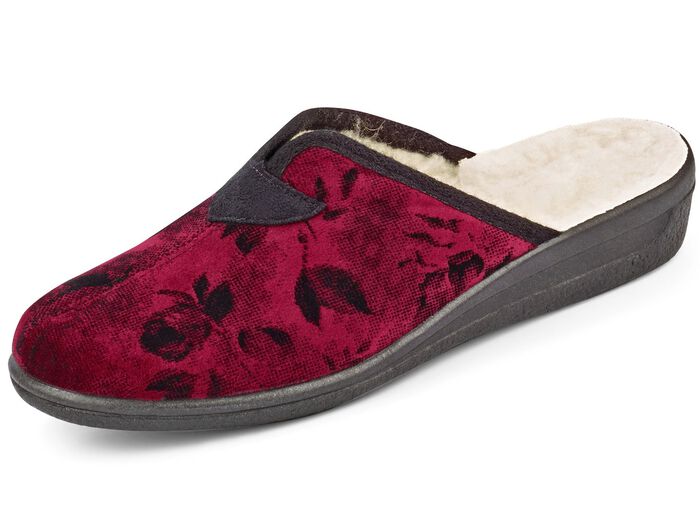 Pantoffel aus floral bedrucktem Samt GRANATROT