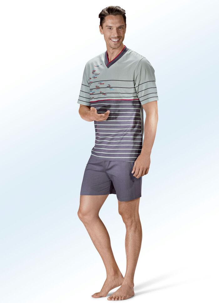 Zweierpack Shortys mit V-Ausschnitt und Ringeldruck vorne 1X ROT-SCHWARZ, 1X LINDGR&Uuml;N-GRAU