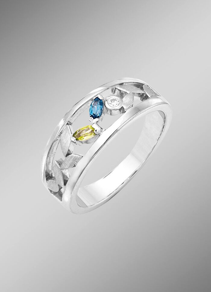 Damenring mit echt Peridot, Blautopas, beh., und synth. Zirkonia 